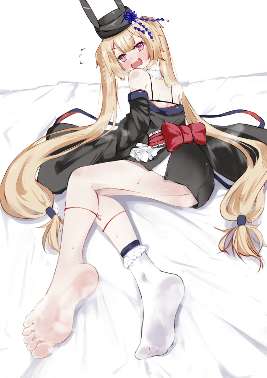 1girl, @_@, absurdres, barefoot, blonde_hair, blush, embarrassed, feet