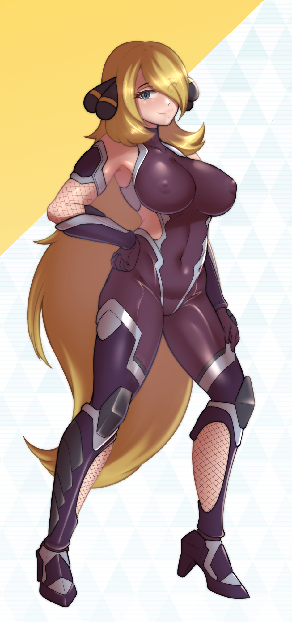 1girl, alternate_breast_size_(larger), blonde_hair, blush, bodystocking, bodysuit, breasts, closed_mouth, cosplay, covered_erect_nipples, covered_navel, cynthia_(pokemon), fishnet_bodystocking, fishnets, gloves, grey_eyes, hair_ornament, hair_over_one_eye, highres, igawa_asagi, igawa_asagi_(cosplay), impossible_bodysuit, impossible_clothes, large_breasts, latex, latex_bodysuit, long_hair, looking_at_viewer, negaska, ninja, nintendo, pokemon, pokemon_diamond/pearl/platinum, purple_bodysuit, purple_gloves, shiny_clothes, silver_trim, skin_tight, smile, solo, taimanin_(series), taimanin_asagi, taimanin_suit, very_long_hair