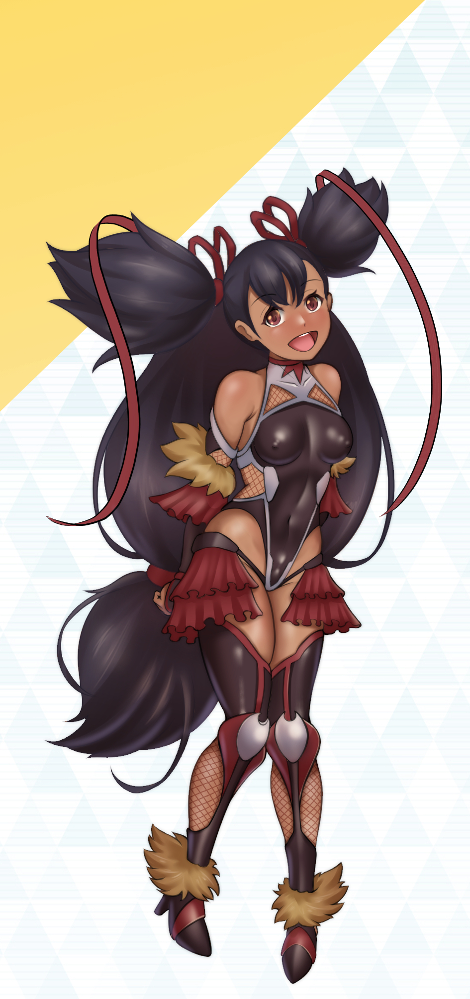 1girl, big_hair, black_leotard, blush, breasts, brown_eyes, brown_leotard, clothing_aside, cosplay, covered_erect_nipples, covered_navel, dark-skinned_female, dark_skin, fishnets, frilled_leotard, frills, fur_cuffs, hair_ribbon, highleg, highleg_leotard, highres, impossible_clothes, impossible_leotard, iris_(pokemon), leotard, leotard_aside, long_hair, looking_at_viewer, medium_breasts, mizuki_yukikaze, mizuki_yukikaze_(cosplay), negaska, nintendo, open_mouth, pokemon, pokemon_black_and_white, purple_hair, ribbon, shiny_clothes, skin_tight, smile, solo, taimanin_(series), taimanin_suit, taimanin_yukikaze, twintails, two_side_up, very_long_hair, wide_hips