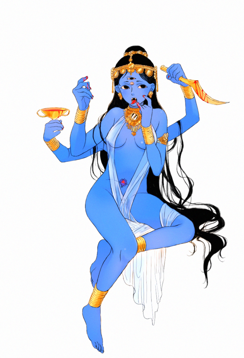 black_hair, blue_skin, bracelet, chalice, colored_skin, cup, earrings, extra_arms