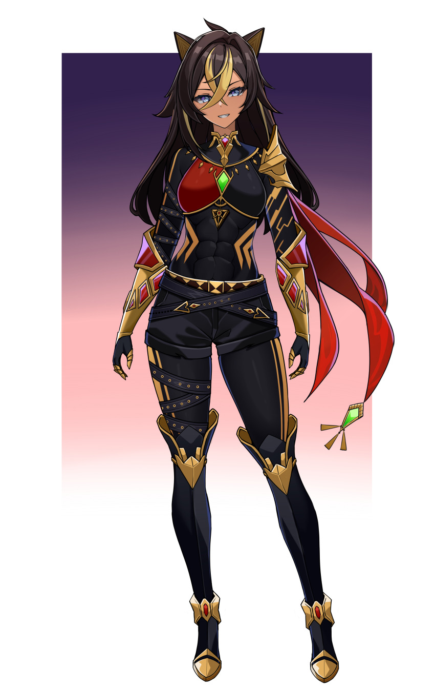 1girl, abs, absurdres, alternate_costume, arm_belt, armor, belt, blue_eyes