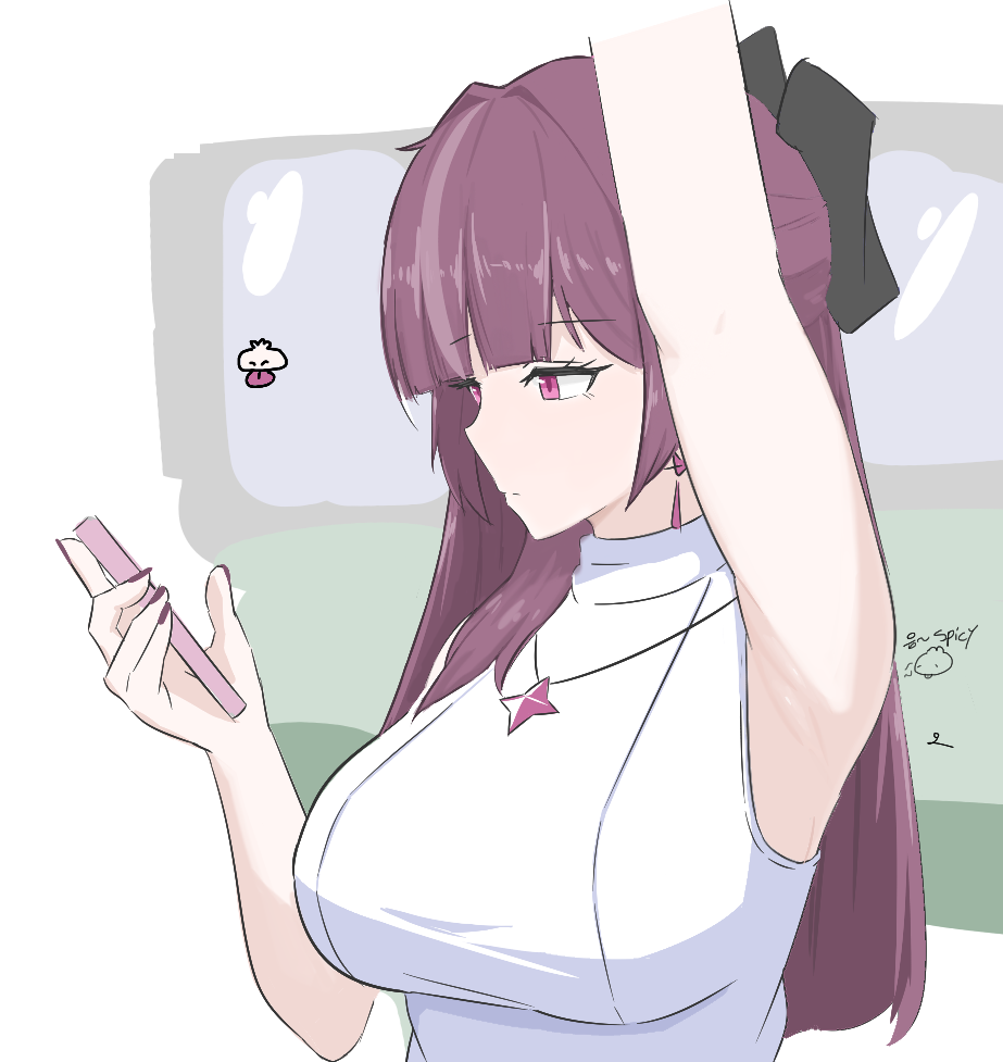 1girl, arm_up, armpits, black_bow, blunt_bangs, bow, breasts, cellphone