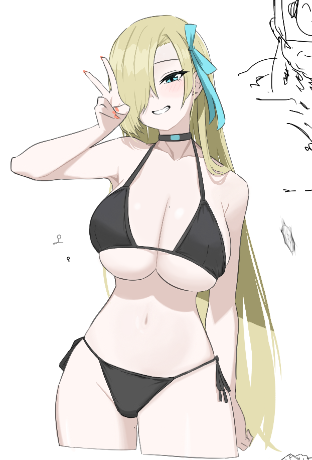 1boy, 1girl, armpits, asuna_(blue_archive), bikini, black_bikini, black_choker, blonde_hair