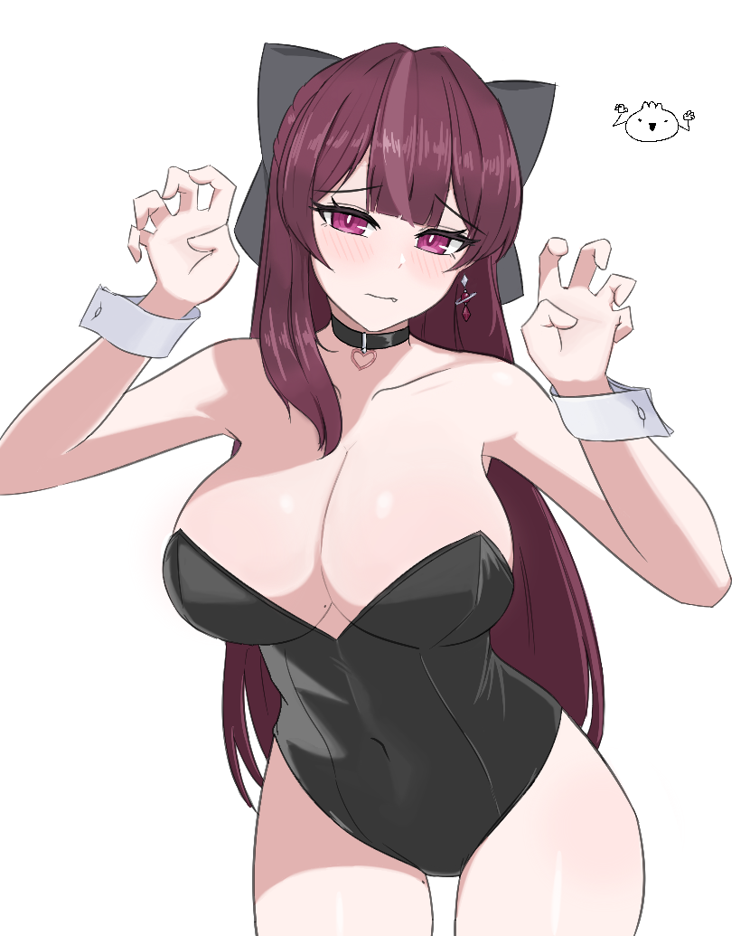 1girl, bare_shoulders, black_collar, black_leotard, blunt_bangs, bow, breasts, claw_pose
