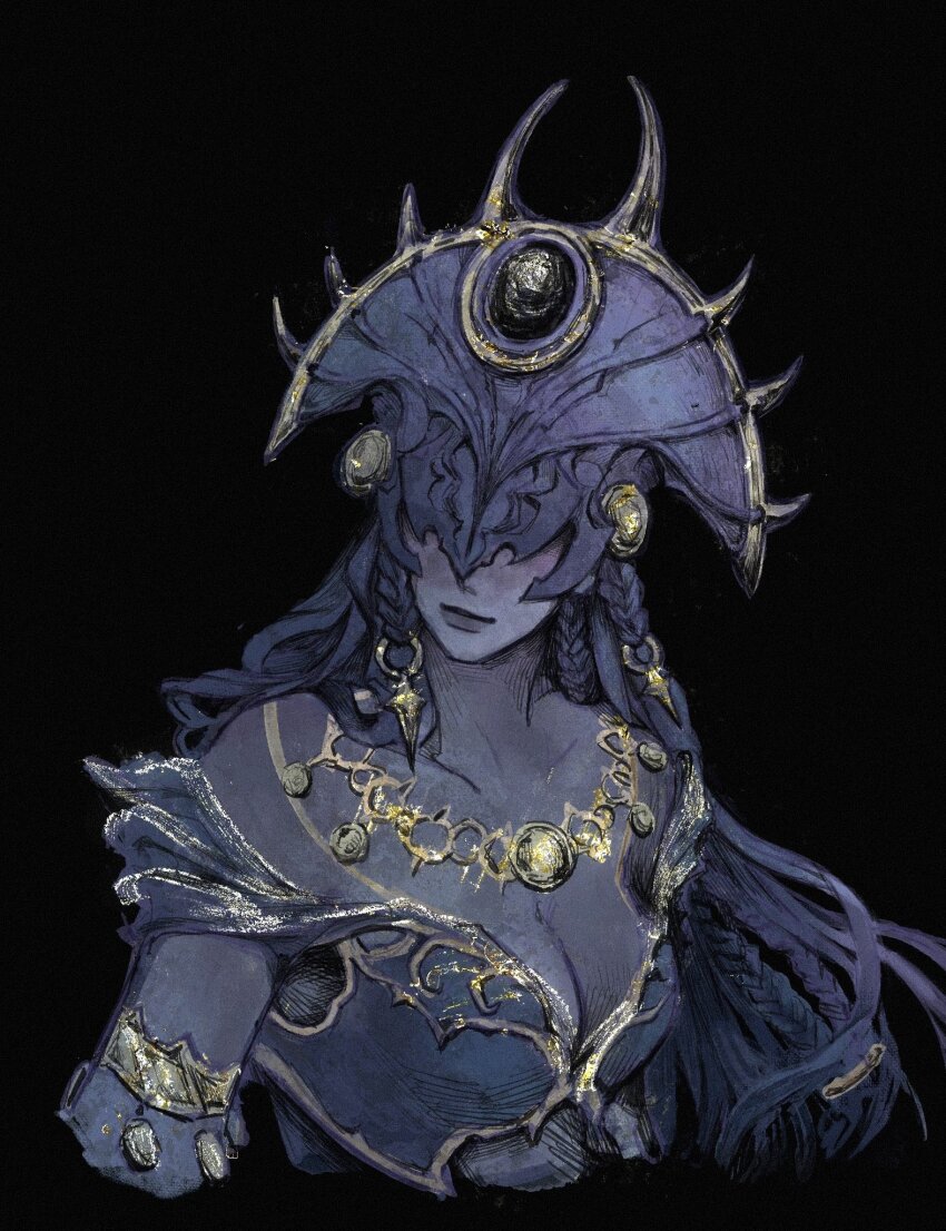 1girl, armlet, baldur's_gate, baldur's_gate_3, bare_shoulders, black_background, black_hair, braid