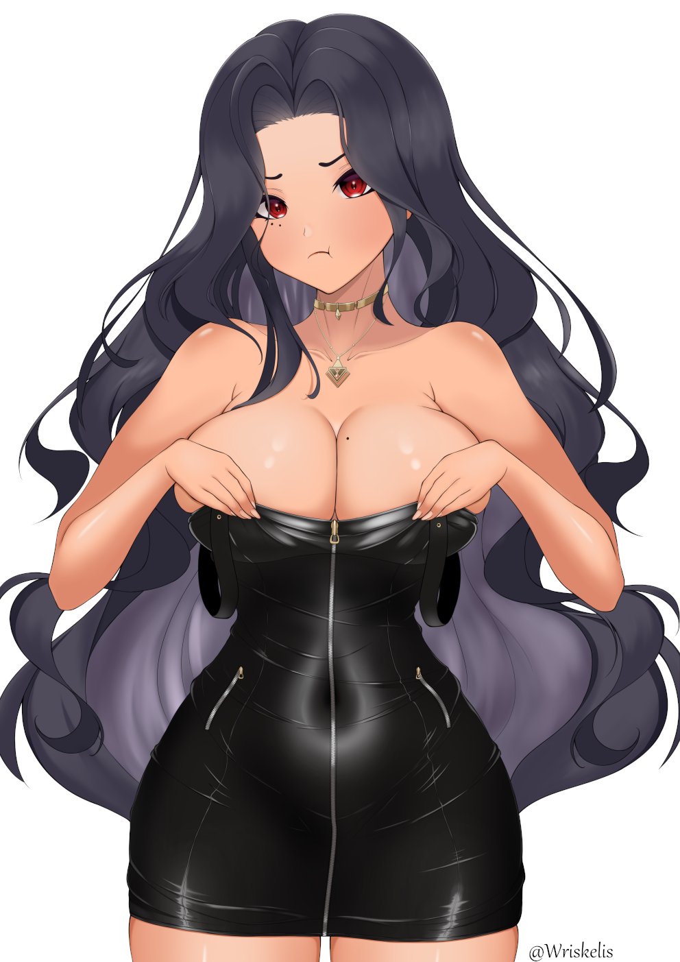 1girl, black_dress, black_hair, blush, breasts, cleavage, clothes_pull, collarbone, commentary, covered_navel, dark-skinned_female, dark_skin, dress, dress_pull, english_commentary, frown, gold_choker, highres, jewelry, large_breasts, long_hair, mole, mole_on_breast, mole_under_eye, necklace, nijisanji, nijisanji_en, pout, red_eyes, scarle_yonaguni, simple_background, solo, strapless, strapless_dress, twitter_username, undersized_clothes, v-shaped_eyebrows, very_long_hair, virtual_youtuber, white_background, wriskelis