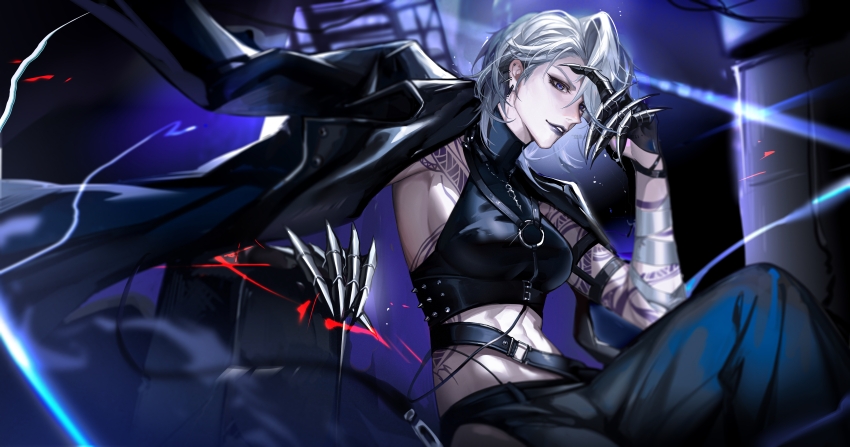 1girl, abs, absurdres, adjusting_hair, arm_strap, arm_tattoo, armpit_peek, artist_name, black_coat, black_gloves, black_pants, blue_eyes, breasts, chest_tattoo, chinese_commentary, coat, coat_on_shoulders, commentary, crop_top, ear_piercing, fake_claws, gloves, half_gloves, highres, jewelry, kong_tiao_bo_zi, looking_at_viewer, medium_breasts, medium_hair, necklace, pants, path_to_nowhere, piercing, purple_lips, scaffolding, shirt, shoulder_tattoo, sideboob, sitting, sleeveless, sleeveless_shirt, solo, sword_necklace, tattoo, toned, toned_female, turtleneck, upper_body, upswept_hair, watermark, white_hair, zoya_(path_to_nowhere)