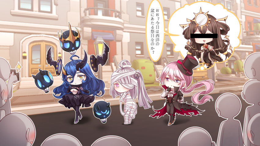 4girls, bandages, blue_hair, breasts, brown_hair, censored, chibi, divine_empress_(iron_saga)