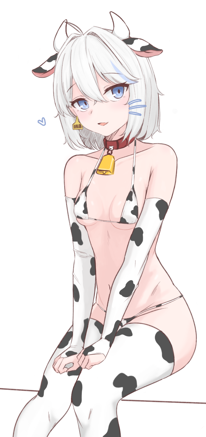 1girl, ahoge, animal_ears, animal_print, bell, bikini, black_thighhighs, blue_eyes, blue_hair, breasts, bridal_gauntlets, collar, cow_ears, cow_horns, cow_print, cow_print_bikini, cowbell, ear_tag, elbow_gloves, fang, gloves, gosegu, hair_between_eyes, hands_on_own_thighs, heart, highres, horns, looking_at_viewer, moong_(eveonline44), multicolored_hair, navel, neck_bell, parted_lips, print_bikini, print_gloves, print_thighhighs, red_collar, short_hair, simple_background, sitting, skin_fang, small_breasts, solo, streaked_hair, string_bikini, swimsuit, thighhighs, v_arms, virtual_youtuber, waktaverse, white_background, white_hair, white_thighhighs