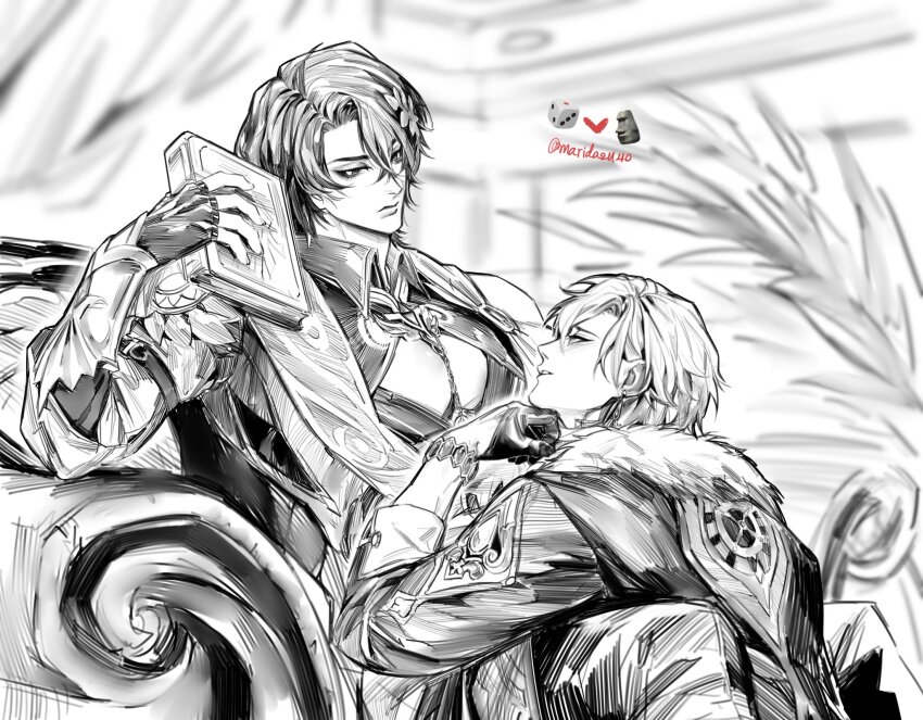 2boys, aventurine_(honkai:_star_rail), book, bracelet, chair, cleavage_cutout, closed_mouth, clothing_cutout, coat, collared_shirt, dr._ratio_(honkai:_star_rail), earrings, fingerless_gloves, fur_trim, gloves, greyscale, hair_between_eyes, hair_ornament, highres, holding, holding_book, honkai:_star_rail, honkai_(series), jewelry, looking_at_another, male_focus, marida21140, monochrome, multiple_boys, pectoral_cleavage, pectorals, shirt, short_hair, sitting, yaoi