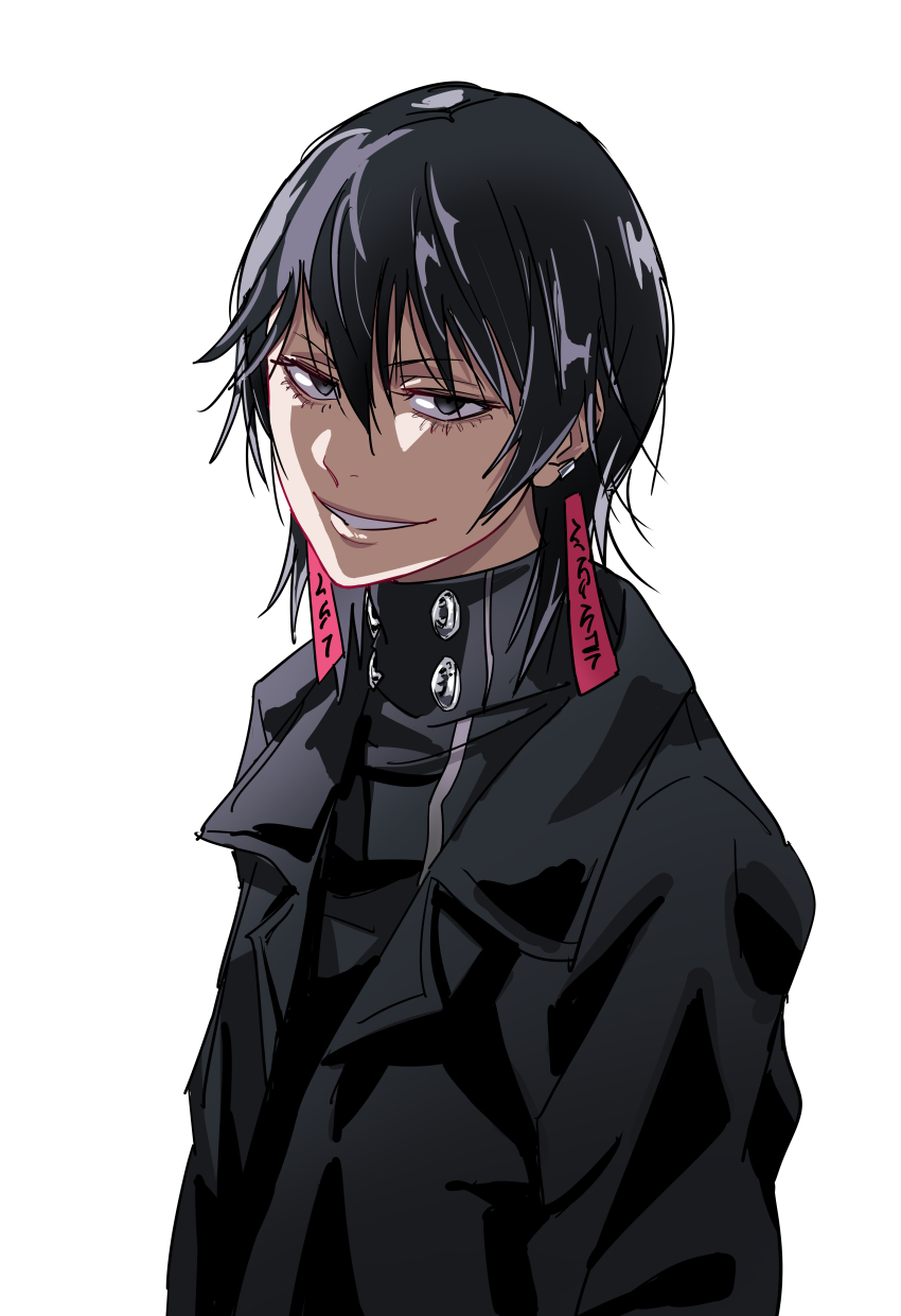 1girl, absurdres, black_eyes, black_jacket, black_shirt, cerovein, earrings, grin