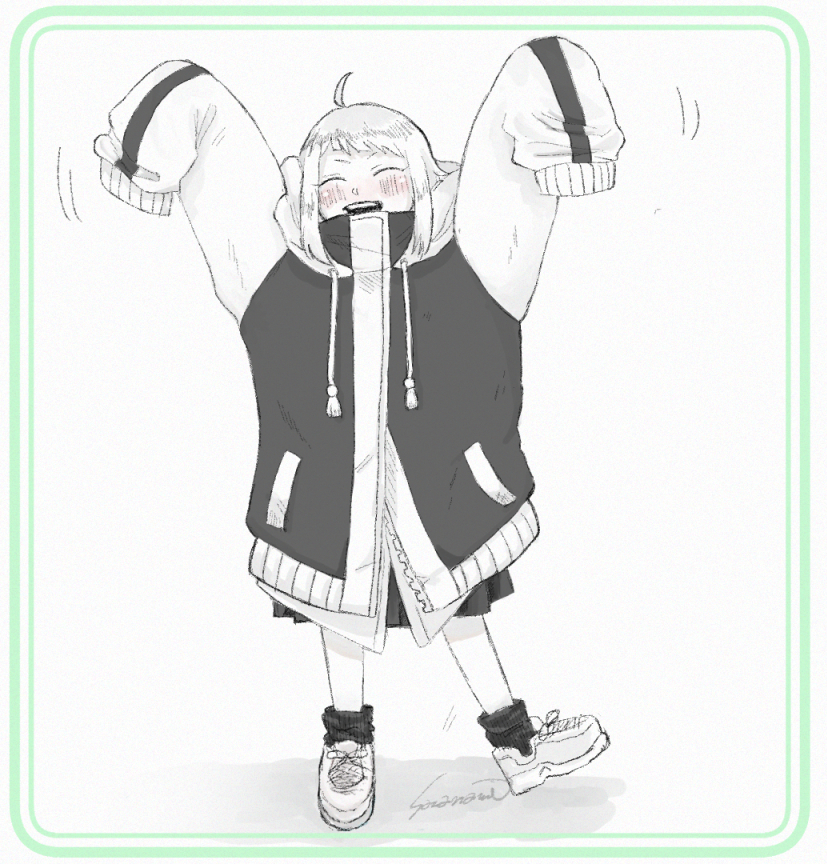 1girl, arms_up, artist_name, black_socks, blush, facing_viewer, full_body, hood, hood_down, jacket, kagurabachi, kyounagi_char, laughing, long_sleeves, medium_hair, oversized_clothes, sazakgr, shoes, simple_background, sleeves_past_fingers, sleeves_past_wrists, sneakers, socks, spot_color, standing