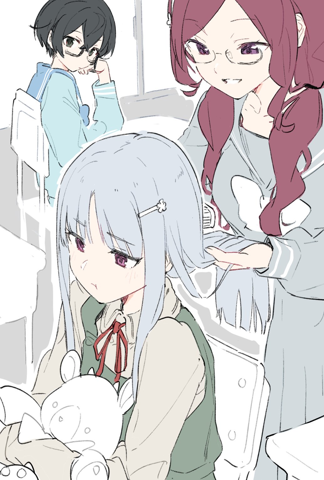 3girls, :t, alternate_costume, alternate_hair_length, alternate_hairstyle, behind_another, bespectacled, black_hair