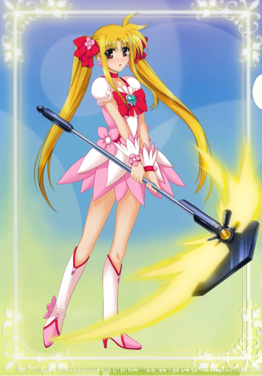 1girl, absurdres, artist_request, bardiche_(haken_form)_(nanoha), bardiche_(nanoha), blonde_hair, boots, bow
