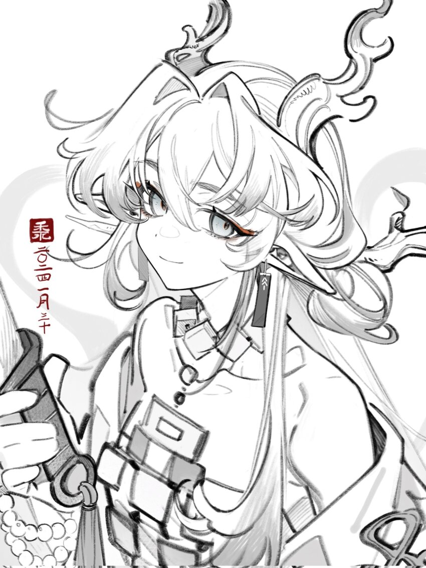 1girl, arknights, bare_shoulders, closed_mouth, colddddddd2, corrupted_twitter_file, dot_nose, dragon_girl, dragon_horns, earrings, from_side, greyscale, hair_between_eyes, hair_intakes, highres, holding, holding_sword, holding_weapon, horns, jacket, jewelry, long_hair, monochrome, necklace, off_shoulder, pointy_ears, shirt, shu_(arknights), sidelocks, smile, solo, spot_color, strapless, strapless_shirt, sword, tassel, tassel_earrings, upper_body, weapon