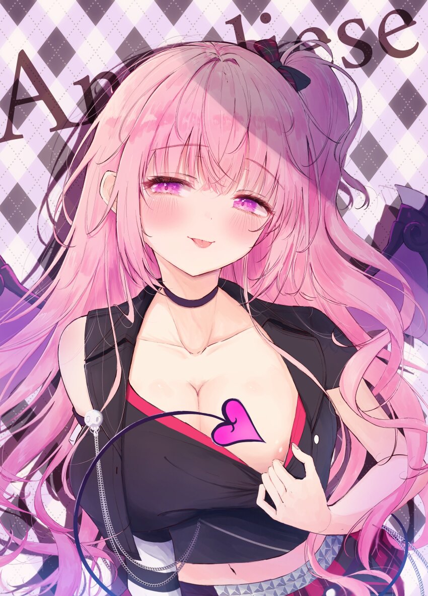 1girl, :p, absurdres, anneliese, areola_slip, argyle_background, argyle_clothes, arm_at_side, ashiyu0330, black_bow, black_choker, black_shirt, black_vest, blush, bow, breasts, casual, character_name, choker, cleavage, closed_mouth, clothes_pull, collarbone, commentary_request, demon_girl, demon_tail, drop_shadow, eyelashes, floating_hair, hair_bow, half-closed_eyes, hand_up, heart, heart_in_eye, highres, kimagure_temptation, large_breasts, long_hair, looking_at_viewer, navel, official_alternate_costume, official_alternate_hairstyle, one_side_up, pink_eyes, pink_hair, presenting_breasts, pulling_own_clothes, seductive_smile, shirt, shirt_pull, short_shorts, shorts, simple_background, smile, solo, symbol_in_eye, tail, tongue, tongue_out, upper_body, very_long_hair, vest