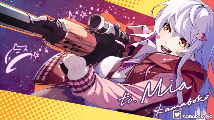 1girl, collared_shirt, commission, dragunov_svd, grin, gun, hair_ornament, holding