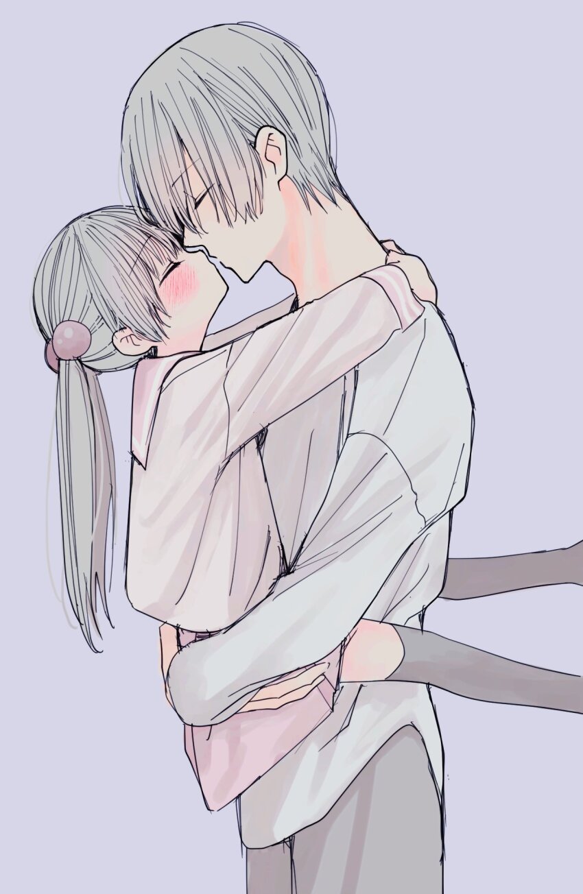 1boy, 1girl, age_difference, blush, carrying, carrying_person, couple, from_side, hair_bobbles, hair_ornament, hetero, highres, hug, kiss, long_hair, original, profile, sailor_collar, school_uniform, serafuku, skirt, thighhighs, twintails, waramugu, zettai_ryouiki