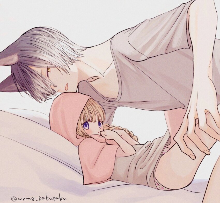1boy, 1girl, age_difference, blonde_hair, blue_eyes, blush, braid, capelet, couple, grey_hair, hand_on_another's_thigh, hetero, highres, hood, hood_up, hooded_capelet, little_red_riding_hood_(fairy_tale), little_red_riding_hood_(fairy_tale_character), lying, on_back, original, panties, red_capelet, underwear, waramugu, wolf_boy, yellow_eyes