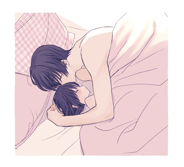 1boy, 1girl, bed, black_hair, blush, brother_and_sister, closed_eyes, couple