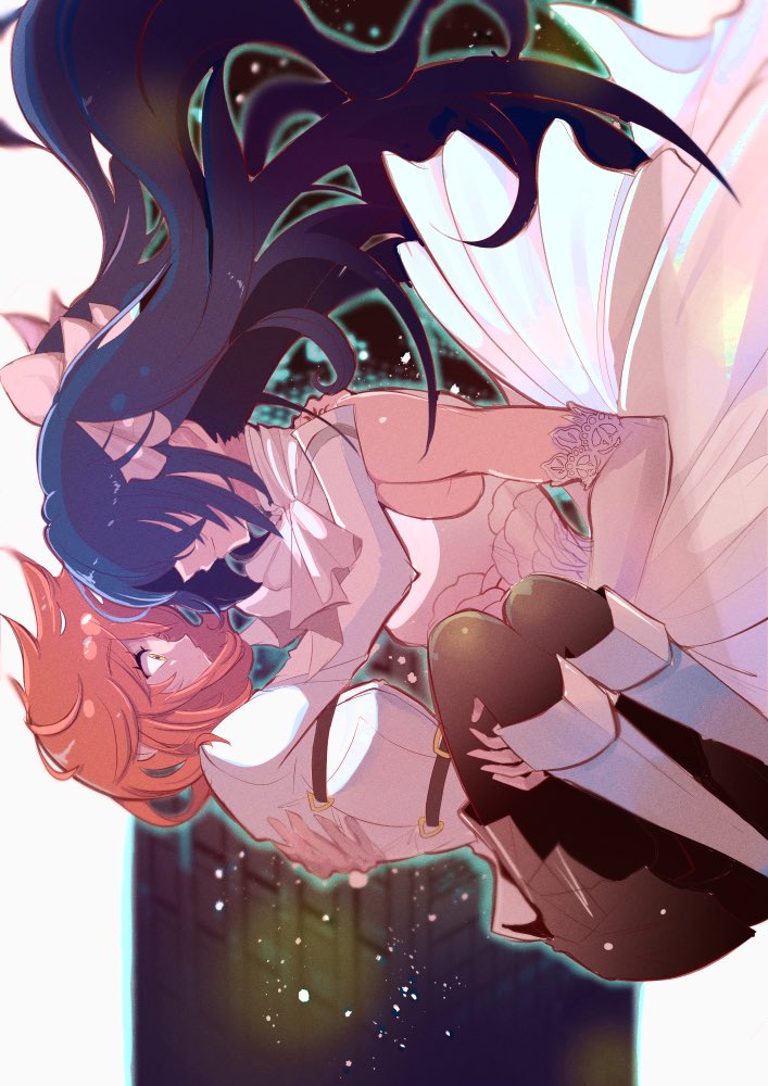 1boy, 1girl, ascot, blue_hair, blurry, carrying, chaldea_uniform, closed_mouth