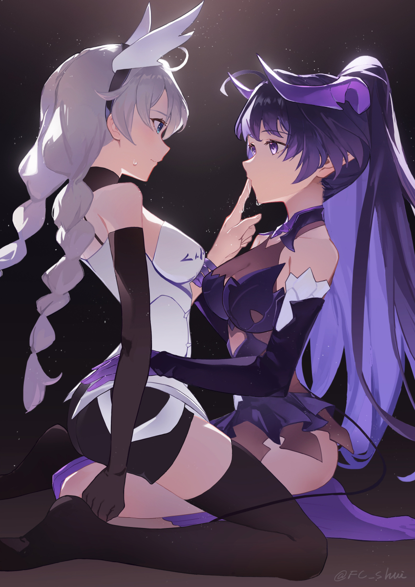 2girls, absurdres, ahoge, blue_eyes, blush, braid, breasts, closed_mouth, elbow_gloves, finger_to_another's_mouth, gloves, hairband, hetare_mizu, highres, honkai_(series), honkai_impact_3rd, horns, kiana_kaslana, kiana_kaslana_(knight_moonbeam), large_breasts, light_particles, long_hair, medium_breasts, multiple_girls, purple_eyes, purple_hair, raiden_mei, raiden_mei_(eventide_phantom), raiden_mei_(lightning_empress), short_jumpsuit, sweatdrop, thighhighs, twin_braids, twitter_username, yuri