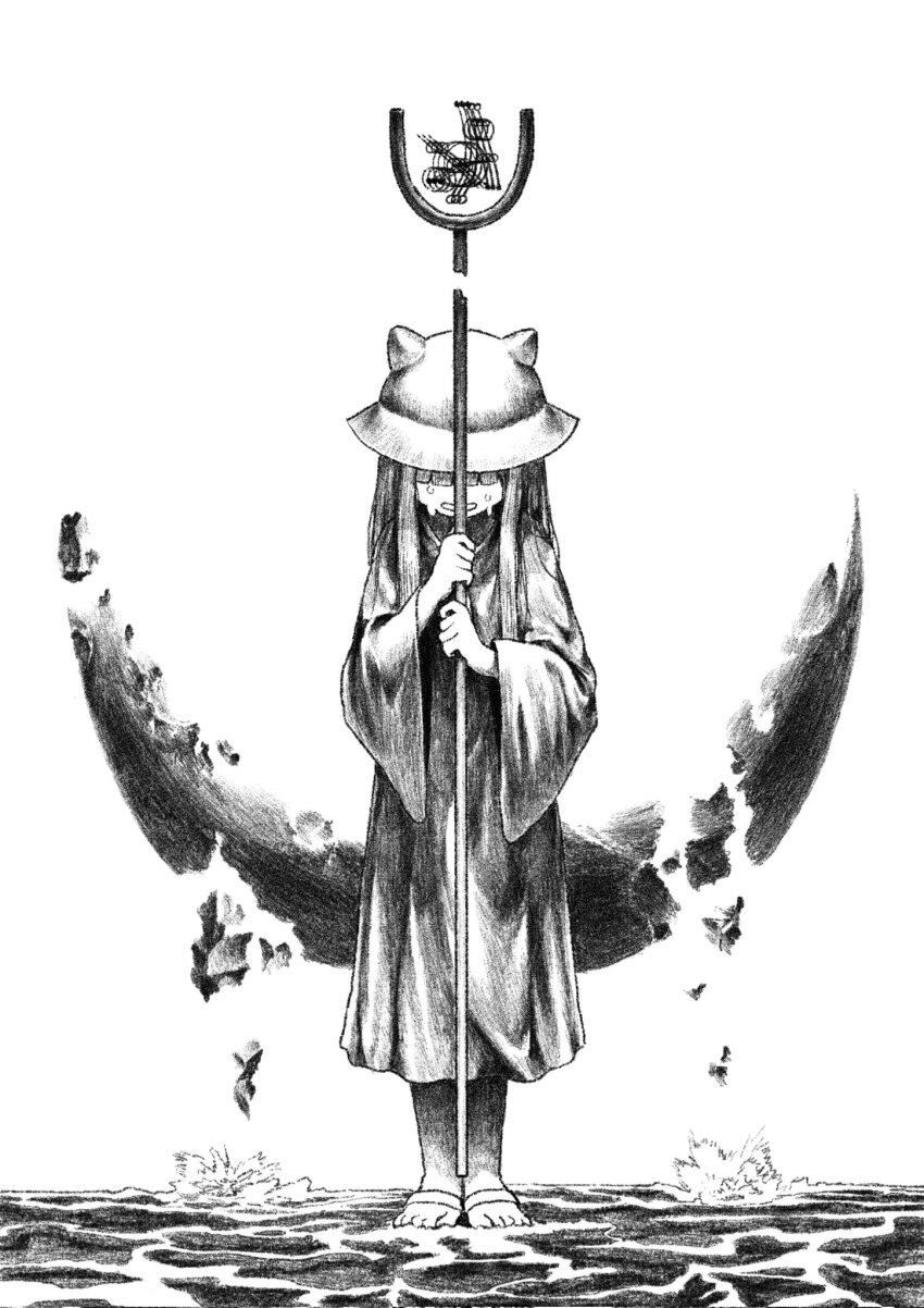 animal_ear_helmet, animal_ears_helmet, animal_helmet, cat_helmet, crying, feet, gardener_(shimeji_simulation), highres, kilsturgeon, ocean, shimeji_simulation, staff, white_background