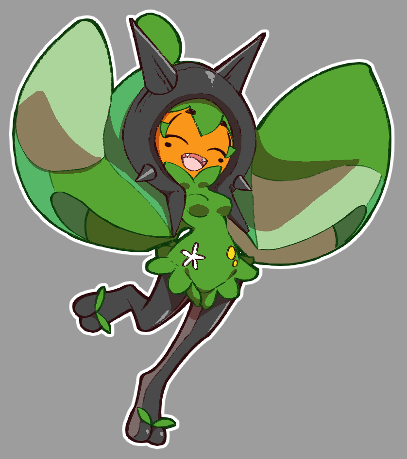 1girl, arms_up, breasts, closed_eyes, dress, fangs, full_body, green_dress