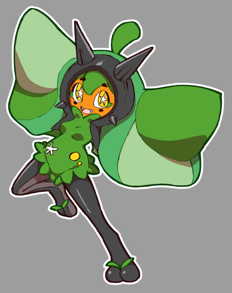 1girl, arms_up, breasts, dress, fangs, full_body, green_dress, grey_background