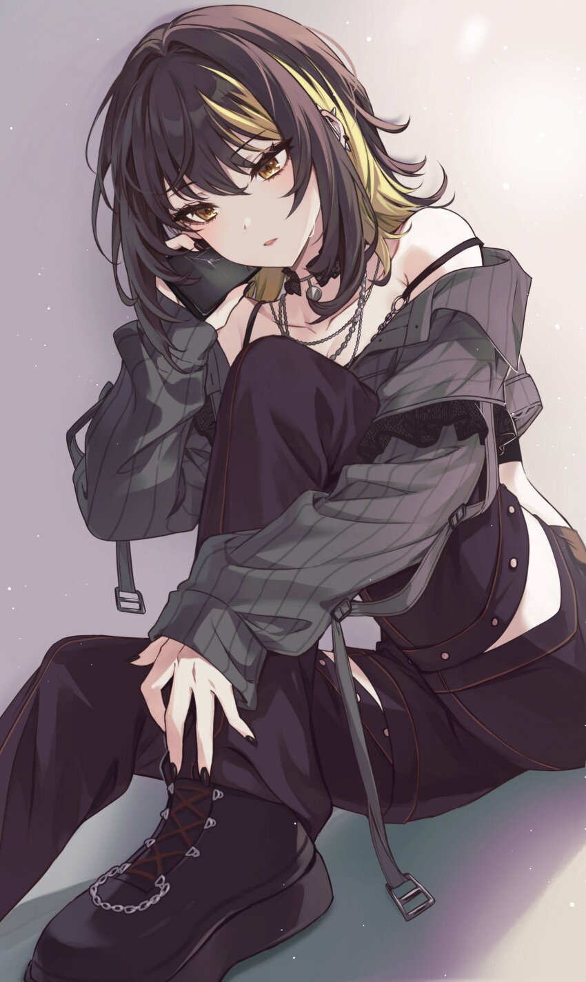 1girl, absurdres, armpit_crease, bare_shoulders, birthday, black_hair, black_nails, black_pants