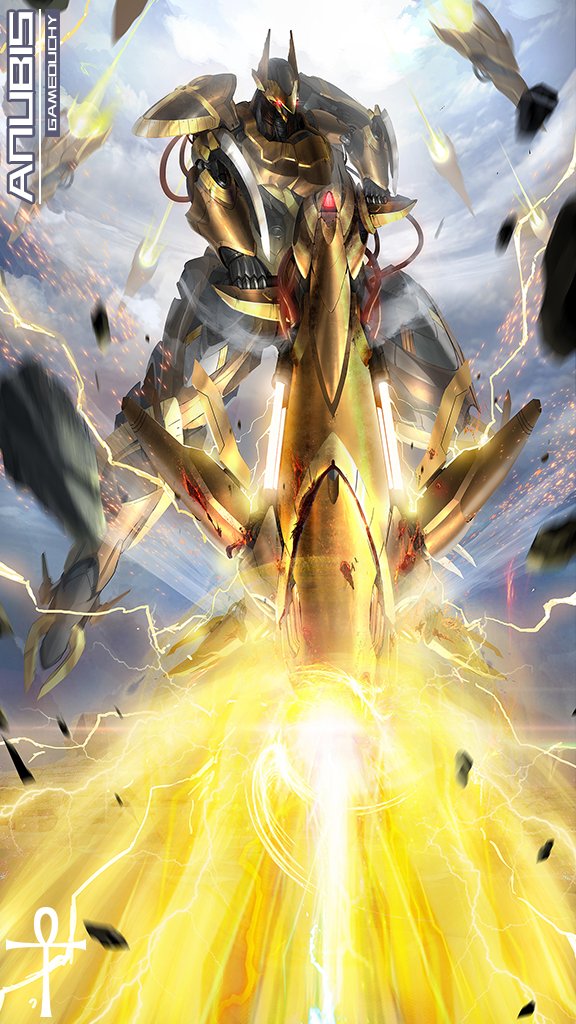 anubis_(iron_saga), copyright_name, firing, full_body, gun, holding, holding_gun, holding_weapon