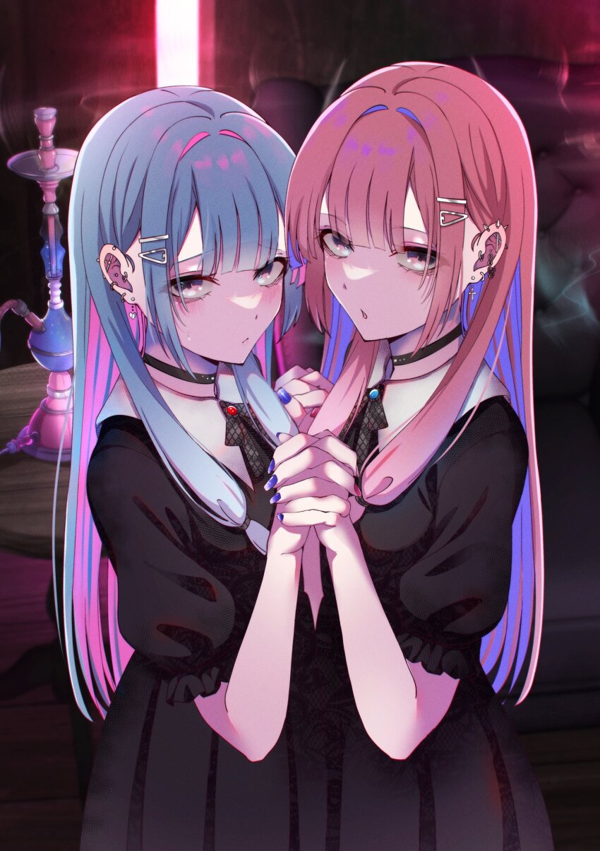 2girls, alternate_costume, alternate_hair_color, black_choker, black_dress, blue_hair, blush, brooch