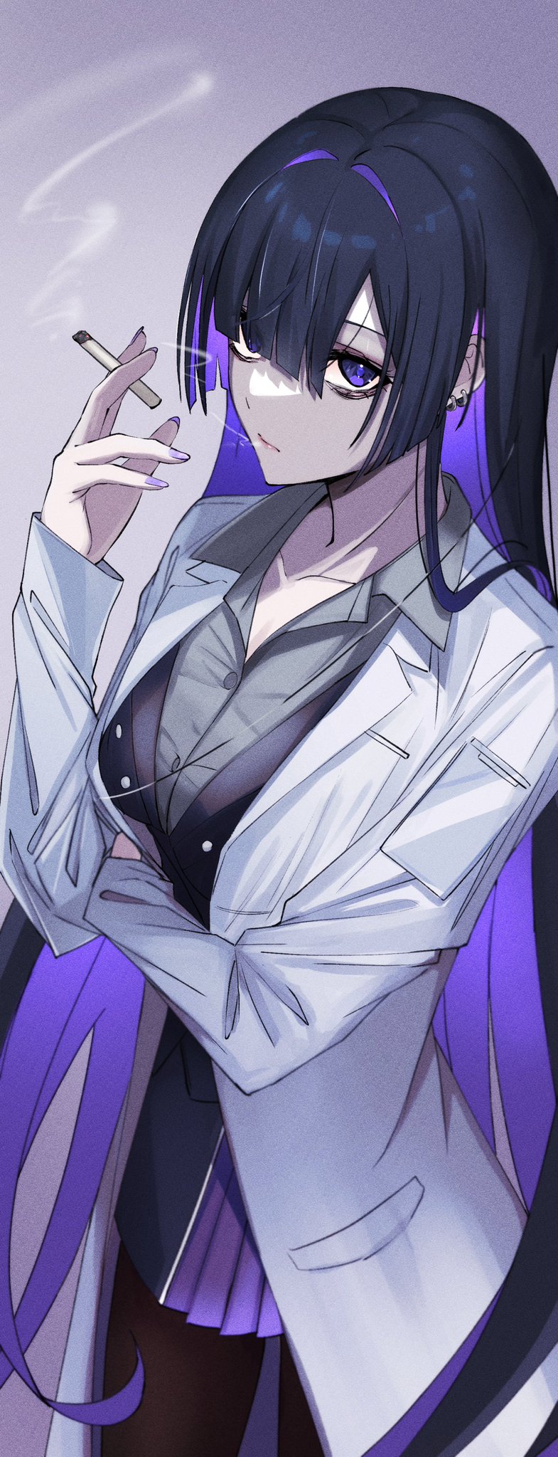 1girl, a.i._voice, arm_under_breasts, bags_under_eyes, between_fingers, black_hair, black_jacket, black_pantyhose, black_skirt, breasts, cigarette, closed_mouth, coat, collared_shirt, colored_inner_hair, cowboy_shot, ear_piercing, expressionless, fujifuji0330, grey_background, grey_shirt, hair_over_one_eye, hand_up, highres, holding, holding_cigarette, jacket, lab_coat, large_breasts, long_sleeves, looking_at_viewer, miniskirt, multicolored_hair, open_clothes, open_coat, pantyhose, piercing, pleated_skirt, purple_eyes, purple_hair, purple_nails, purple_skirt, shirt, simple_background, skirt, smoke, smoke_trail, smoking, solo, standing, yogatari_tobari