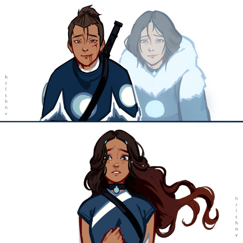 1boy, 2girls, artist_name, avatar:_the_last_airbender, avatar_legends, black_choker, blood, blood_from_mouth, blue_eyes, brother_and_sister, brown_hair, choker, coat, commentary, cuts, dark-skinned_female, dark-skinned_male, dark_skin, english_commentary, fur-trimmed_coat, fur_trim, highres, hrlshnv, injury, katara, kya_(avatar), long_hair, looking_at_viewer, mature_female, mother_and_child, mother_and_daughter, mother_and_son, multiple_girls, parent_and_child, parted_lips, sad, short_hair, siblings, simple_background, smile, sokka, tearing_up, upper_body, white_background