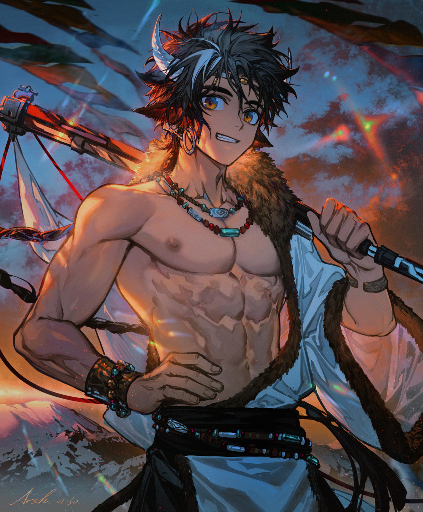 1boy, animal_ears, arknights, arsh_(thestarwish), backlighting, black_hair, blue_sky, bracelet, chinese_commentary, cloud, commentary_request, cow_boy, cow_ears, cow_horns, earrings, fur-trimmed_kimono, fur_trim, gradient_sky, grin, highres, holding, horns, japanese_clothes, jewelry, kimono, male_focus, multicolored_hair, muscular, muscular_male, open_clothes, open_kimono, orange_sky, outdoors, pectorals, sky, smile, solo, streaked_hair, sunset, upper_body, wan_qing_(arknights), white_hair, white_kimono, yellow_eyes