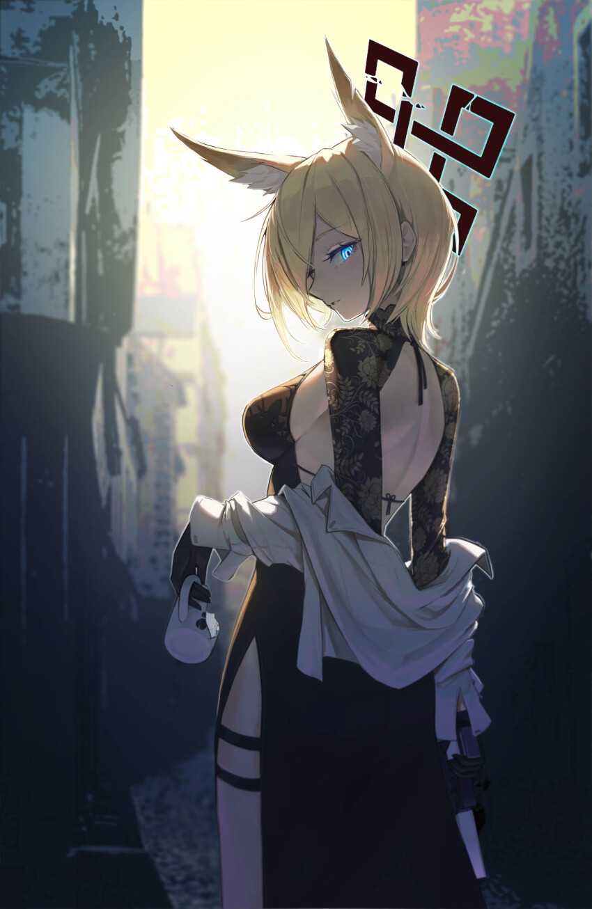 1girl, 723_chfhrqur, absurdres, alley, alternate_costume, alternate_hair_length, alternate_hairstyle, animal_ear_fluff, animal_ears, back, back_cutout, backless_dress, backless_outfit, backlighting, black_dress, black_gloves, blonde_hair, blue_archive, blue_eyes, breasts, broken_cup, broken_halo, china_dress, chinese_clothes, clothing_cutout, commentary_request, cup, dark_halo, dark_persona, dog_ears, dog_girl, dress, endless_knot, extra_ears, feet_out_of_frame, floral_print, from_behind, gloves, glowing, glowing_eye, gun, hair_over_one_eye, halo, handgun, highres, holding, holding_cup, holding_gun, holding_weapon, kanna_(blue_archive), kanna_(young)_(blue_archive), lace_shrug, looking_at_viewer, looking_back, medium_breasts, medium_hair, notched_ear, off_shoulder, original_terror_(blue_archive), outdoors, parted_lips, shirt, shirt_partially_removed, short_hair, shrug_(clothing), side_slit, sideboob, sky, solo, standing, thigh_strap, weapon, white_shirt, yellow_sky