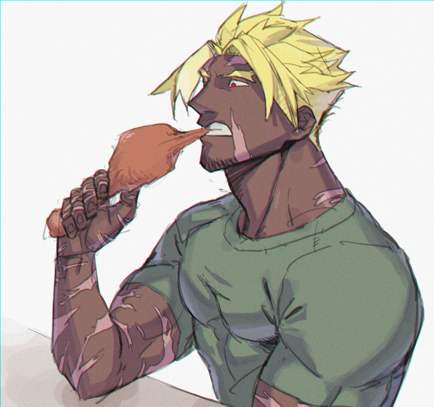 1boy, adam's_apple, beowulf_(fate), beowulf_(third_ascension)_(fate), biting, blonde_hair, chicken_(food), dark-skinned_male