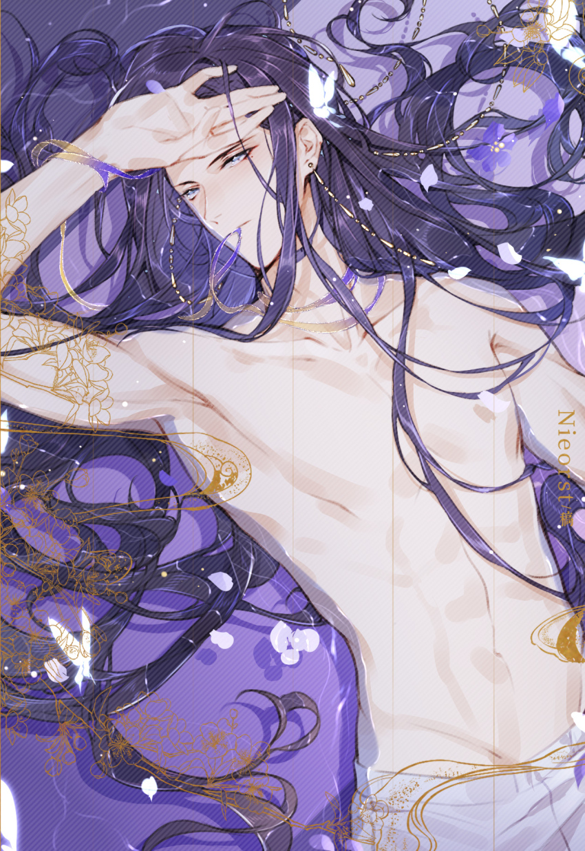 1boy, :|, afloat, blue_eyes, clarence_clayden, closed_mouth, collarbone, earrings