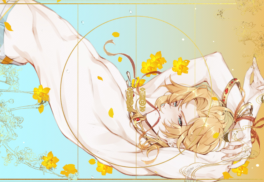 1boy, aqua_eyes, arms_behind_head, bangle, blonde_hair, blue_background, bracelet, closed_mouth