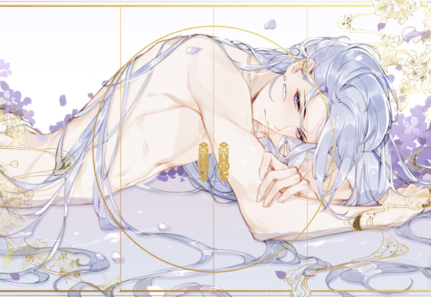 1boy, :|, cael_anselm, closed_mouth, earrings, expressionless, falling_petals, floating_earrings