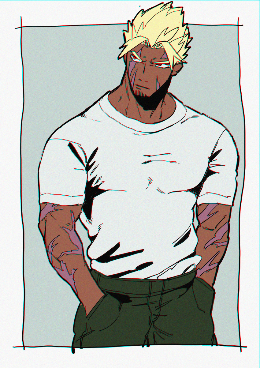 1boy, absurdres, beowulf_(fate), beowulf_(third_ascension)_(fate), blonde_hair, border, closed_mouth, dark-skinned_male