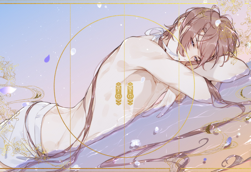 1boy, brown_hair, closed_mouth, cowboy_shot, crossed_arms, falling_petals, flower, from_side