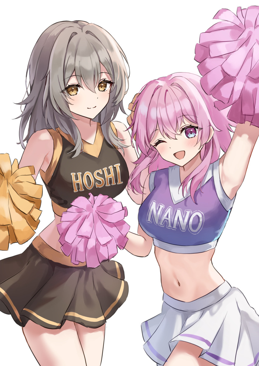 2girls, absurdres, alternate_costume, arm_up, blue_eyes, breasts, brown_skirt, character_name, cheerleader, commentary, cowboy_shot, grey_hair, highres, honkai:_star_rail, honkai_(series), k2_(kazu1030), looking_at_viewer, march_7th_(honkai:_star_rail), medium_breasts, midriff, miniskirt, multicolored_eyes, multiple_girls, navel, one_eye_closed, pink_eyes, pink_hair, pom_pom_(cheerleading), romaji_text, simple_background, skirt, stelle_(honkai:_star_rail), trailblazer_(honkai:_star_rail), two-tone_eyes, white_background, white_skirt, yellow_eyes