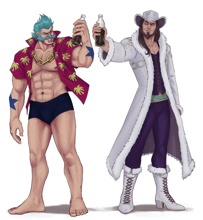 2boys, abs, absurdres, analligator, bara, bare_pectorals, beard, black_male_underwear, boxers, bulge, chain, chain_necklace, coat, cola, cosplay, couple, cowboy_hat, facial_hair, franky_(one_piece), franky_(one_piece)_(cosplay), full_beard, fur-trimmed_coat, fur_trim, graves_(league_of_legends), grin, hairy, hat, hawaiian_shirt, highres, jewelry, large_hands, large_pectorals, league_of_legends, long_hair, looking_to_the_side, male_focus, male_underwear, mature_male, multiple_boys, muscular, muscular_male, mustache, mutton_chops, navel, navel_hair, necklace, nico_robin, nico_robin_(alabasta), nico_robin_(cosplay), nipples, no_pants, one_piece, pectorals, shirt, short_hair, short_sleeves, smile, sparse_arm_hair, sparse_chest_hair, sparse_leg_hair, sparse_navel_hair, standing, stomach, thick_beard, thick_eyebrows, thick_mustache, toasting_(gesture), twisted_fate, underwear, white_background, white_hat, yaoi