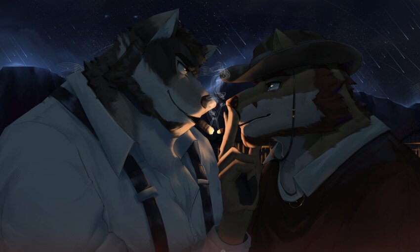 2boys, absurdres, bara, beard, cigarette_kiss, couple, echo_project, eye_contact