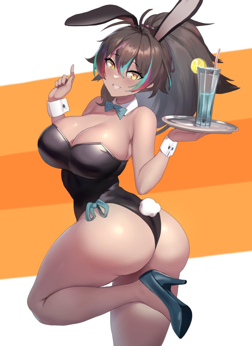 1girl, absurdres, animal_ears, antenna_hair, aqua_hair, ass, bare_shoulders, black_leotard