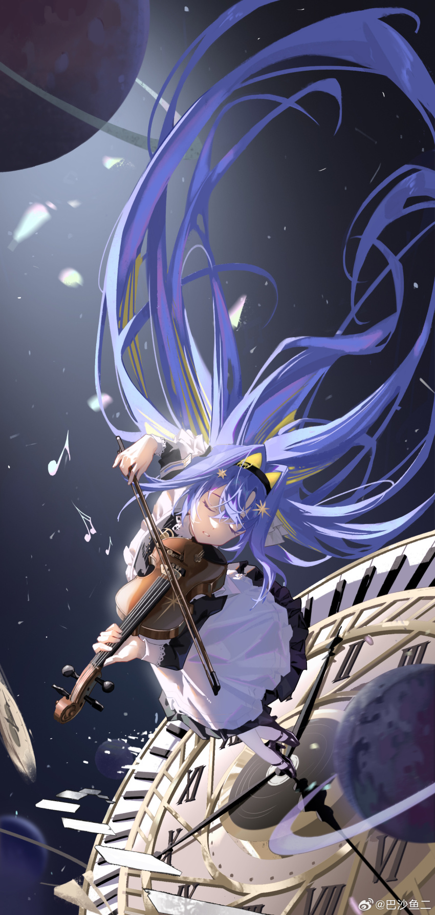 1girl, absurdres, apron, ba_sha_yu_er, beamed_sixteenth_notes, black_dress, black_hairband, black_shoes