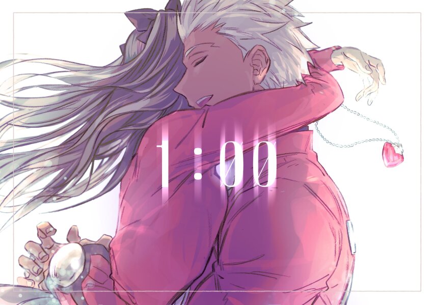 1boy, 1girl, archer_(fate), black_bow, black_hair, bow, dark-skinned_male, dark_skin