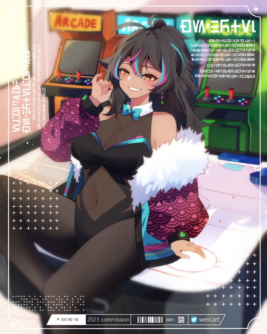 1girl, absurdres, air_hockey_table, antenna_hair, arcade_cabinet, barcode, bare_shoulders, black_hair