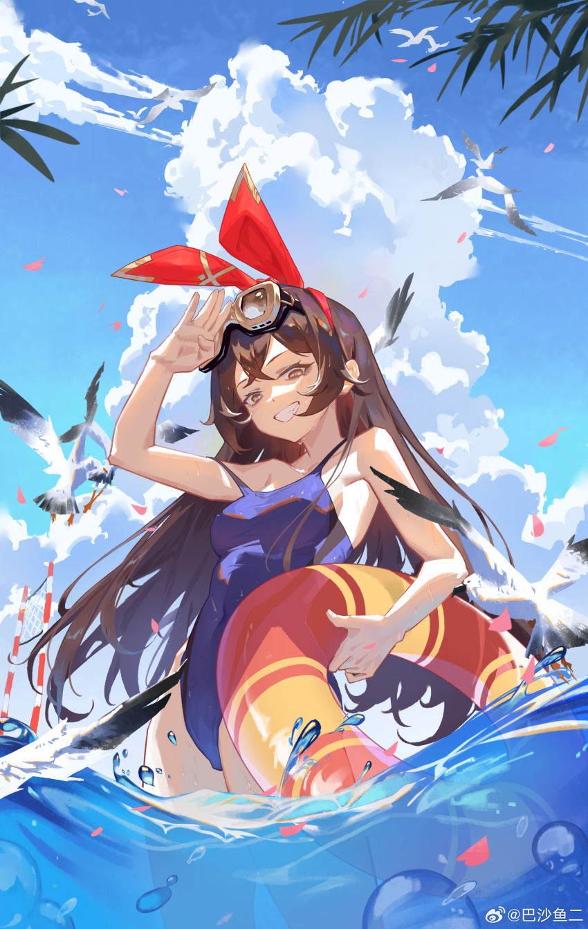 1girl, absurdres, air_bubble, amber_(genshin_impact), ba_sha_yu_er, bare_arms, bare_shoulders, bird, blue_one-piece_swimsuit, blue_sky, bow, bow_hairband, breasts, brown_eyes, brown_hair, bubble, cloud, covered_navel, cowboy_shot, day, falling_petals, genshin_impact, goggles, goggles_on_head, grin, hair_bow, hairband, hand_on_own_head, hand_up, highres, holding, holding_swim_ring, innertube, leaf, long_hair, looking_at_viewer, medium_breasts, one-piece_swimsuit, outdoors, partially_submerged, partially_underwater_shot, petals, red_bow, seagull, sky, smile, solo, strap_slip, swim_ring, swimsuit, very_long_hair, water